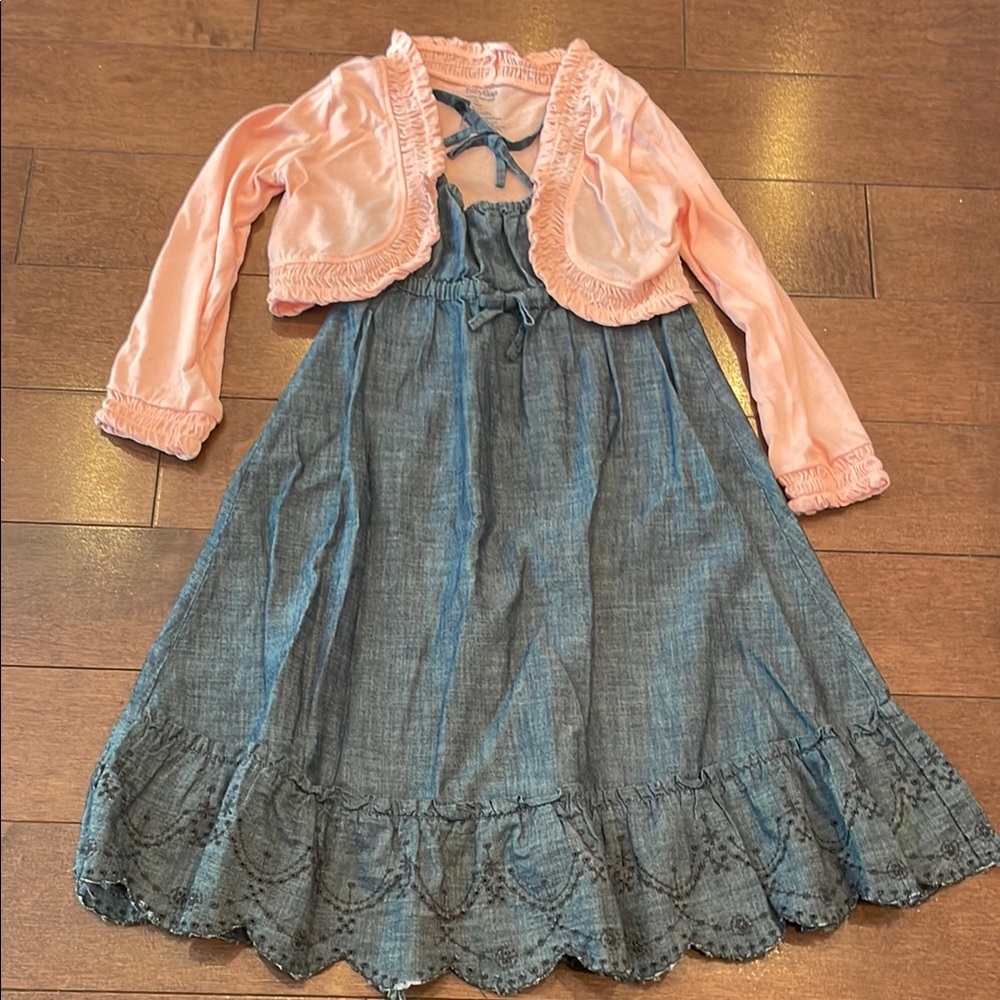 Peach Cardigan and Blue Dress Set